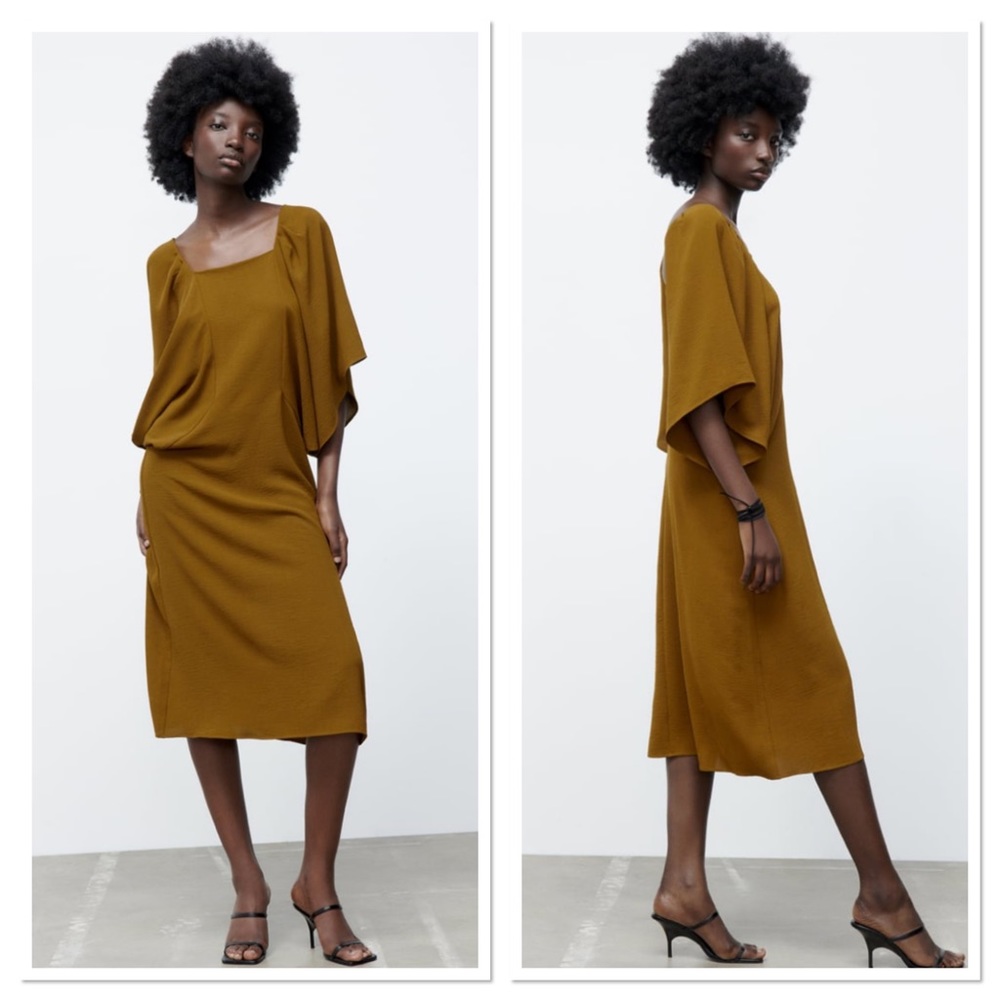 NWT Zara Balloon Sleeve Straight Neckline Fluid Dress Sz:M